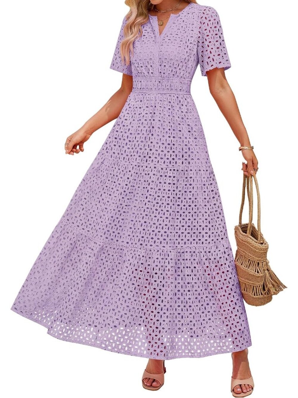 Women's Purple Summer Short Sleeve High Neck V Neck Eyelet A Line Maxi Dresses